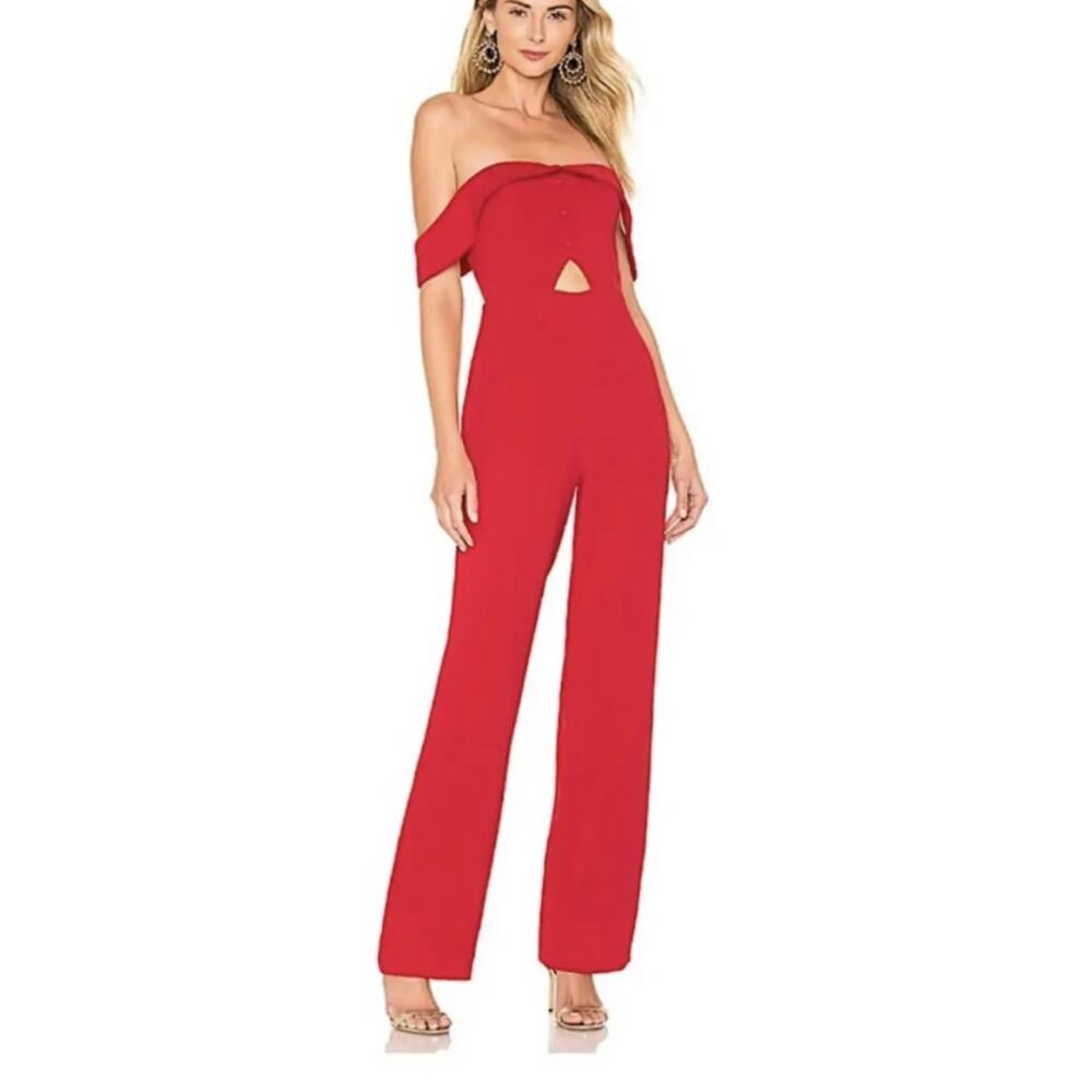 NWT L'Acadamie Red Cutout Jumpsuit  Small Off Shoulder Wide Leg